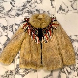 RARE Zara Embroidered + Fringe Faux Fur Coat